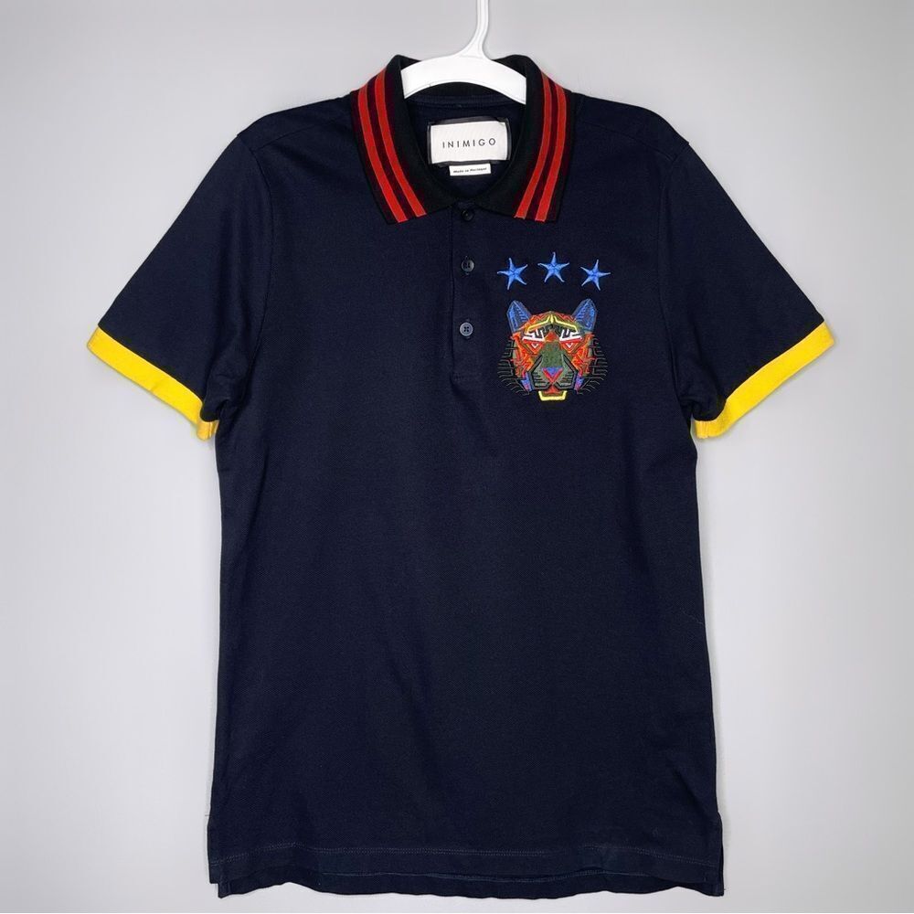 Inimigo Navy Blue Tiger Embroidered Short Sleeve Polo Size Small
